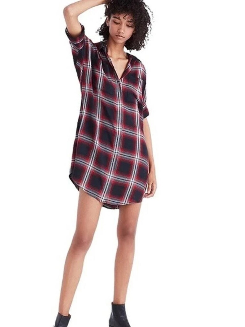 Madewell Courier Shirt Dress in Rollins Plaid Red Black XS